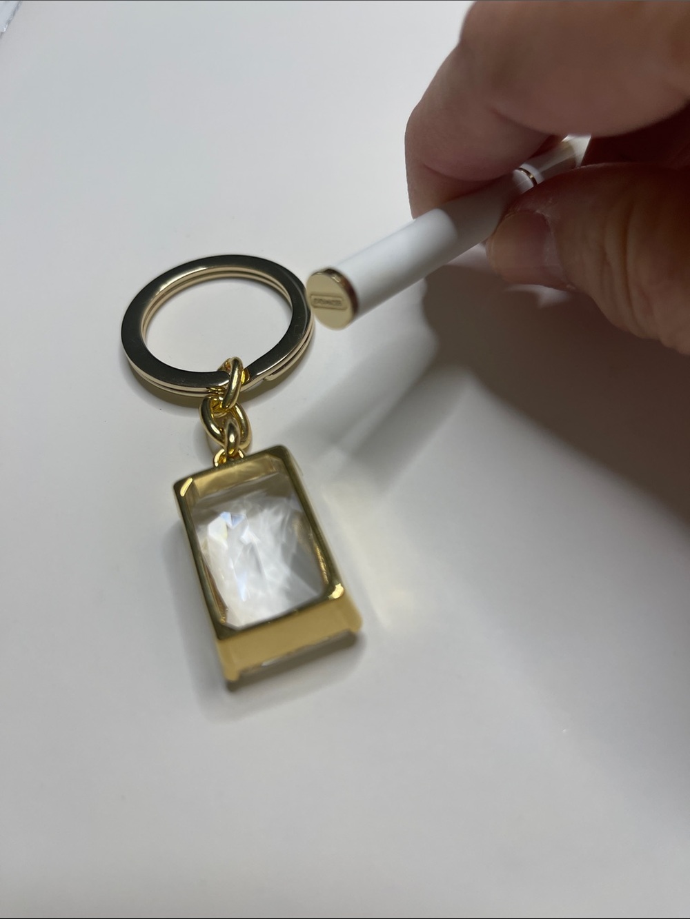 Coach Gold Rectangular Crystal Keychain with White Coach Pen - Picture 6 of 8